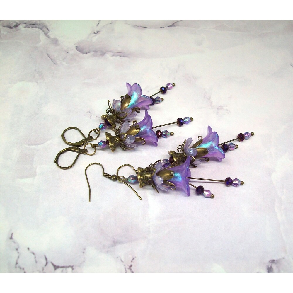 Lavender Flower Earrings Vintage Floral Boho Dangles, Purple Botanical Jewelry,